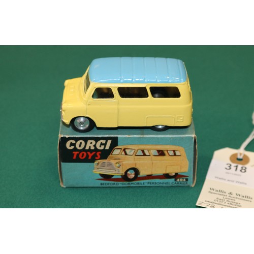 318 - Corgi Toys Bedford Dormobile Personnel Carrier (404). A single screen 2nd type in yellow with pale b... 