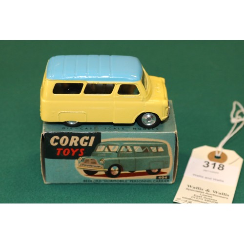 318 - Corgi Toys Bedford Dormobile Personnel Carrier (404). A single screen 2nd type in yellow with pale b... 