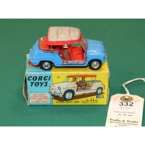 332 - Corgi Toys Ghia Fiat 600 'Jolly' (240). An example in mid blue with red interior, silver/red fringed... 