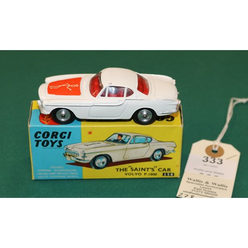 333 - Corgi Toys Volvo P1800 The 'Saint's' Car (258). In white with red interior and red paper label to bo... 