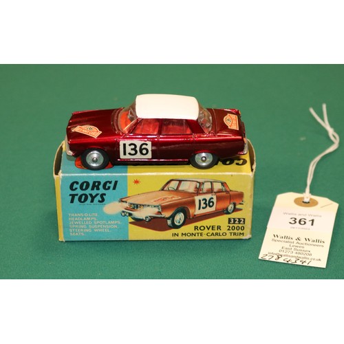 361 - Corgi Toys Rover 2000 in Monte Carlo Trim (322). In metallic maroon with white roof, red interior, R... 