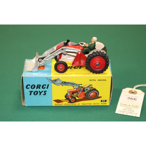 366 - Corgi Toys Massey-Ferguson 65 Tractor With Fork (57). Tractor in red and cream with silver fork atta... 