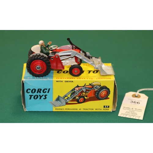 366 - Corgi Toys Massey-Ferguson 65 Tractor With Fork (57). Tractor in red and cream with silver fork atta... 