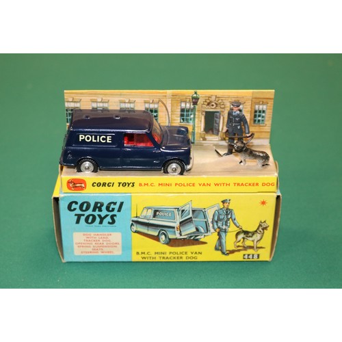 372 - Corgi Toys B.M.C. Mini POLICE Van With Tracker Dog (448). Van in dark blue with red interior, POLICE... 