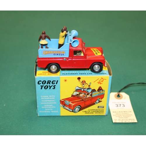 373 - Corgi Toys Chipperfields Circus Land Rover Parade Vehicle (487). In red with light blue platform and... 