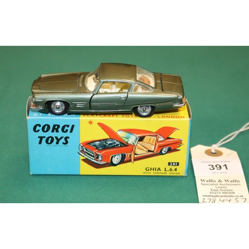 391 - Corgi Toys Ghia L.6.4 (241). An example in metallic green with cream interior, dished spun wheels wi... 