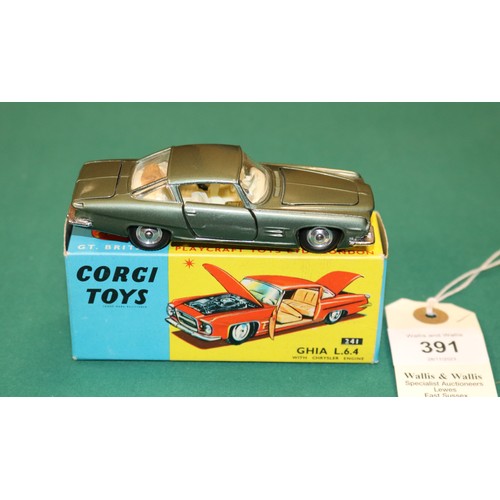 391 - Corgi Toys Ghia L.6.4 (241). An example in metallic green with cream interior, dished spun wheels wi... 