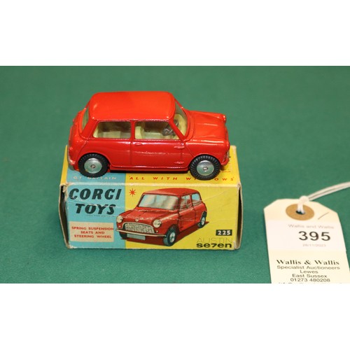 395 - Corgi Toys Austin Seven (225). In red with yellow interior and smooth spun wheels. Boxed, 7/10, ligh... 