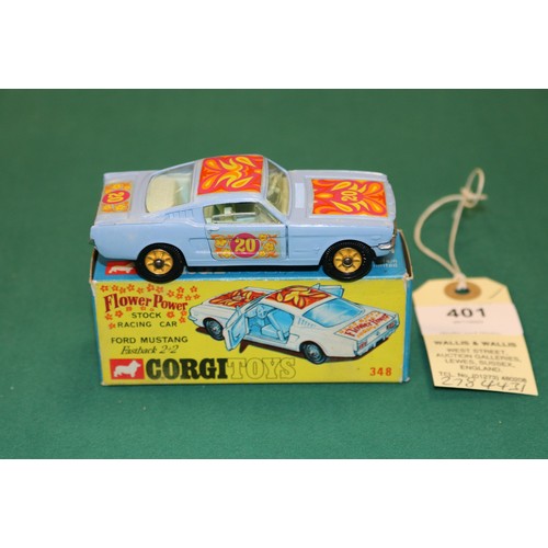 401 - A scarce Corgi Toys Flower Power Stock Racing Car Ford Mustang Fastback 2+2 (348). In lilac with flo... 