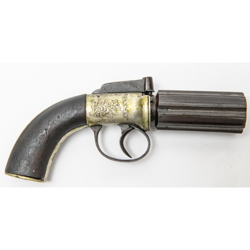 369 - A 6 shot 60 bore self cocking bar hammer percussion pepperbox revolver, 8¼