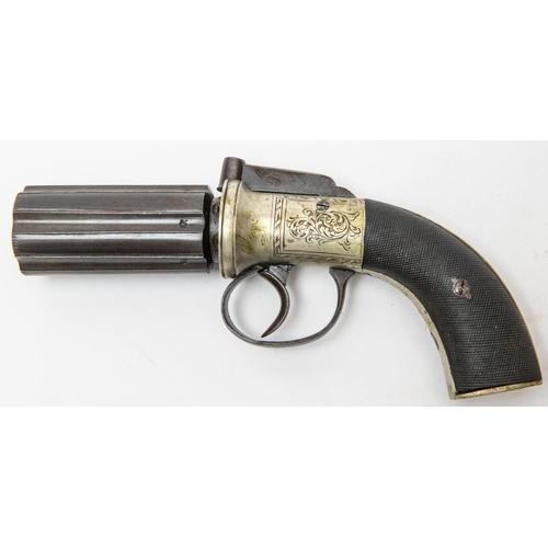 369 - A 6 shot 60 bore self cocking bar hammer percussion pepperbox revolver, 8¼