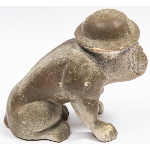 12 - A painted bisque figure of a seated bulldog wearing a steel helmet inscribed 