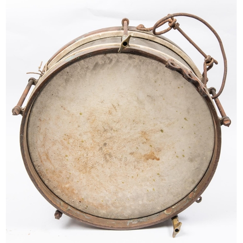 157 - A brass framed side drum, with copper rims and steel stretcher bolts and fittings, 15