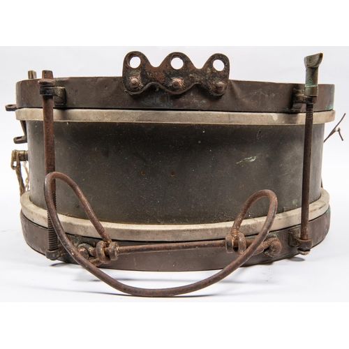 157 - A brass framed side drum, with copper rims and steel stretcher bolts and fittings, 15