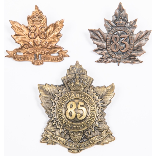 177 - 3 WWI CEF Infantry cap badges: 83rd by Ellis Bros; 85th; and 86th by Lees, 1915. GC £70-90