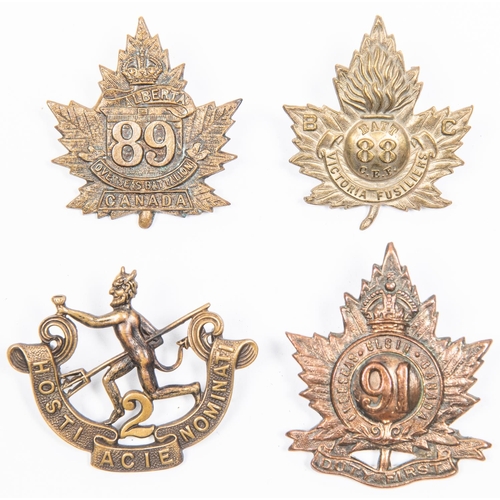 178 - 4 WWI CEF Infantry cap badges: 88th maple leaf pattern; 89th; 90th by Hicks; and 91st. GC £80-120