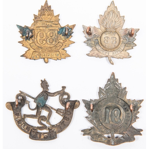 178 - 4 WWI CEF Infantry cap badges: 88th maple leaf pattern; 89th; 90th by Hicks; and 91st. GC £80-120