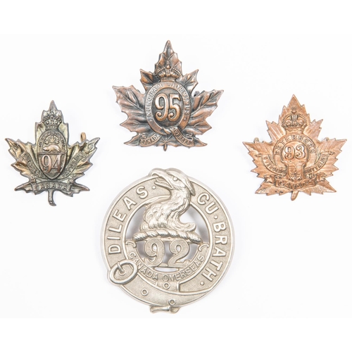 179 - 4 WWI CEF Infantry cap badges: 92nd full buckle type by Ellis Bros; 93rd by Inglis; 94th by Lees/May... 