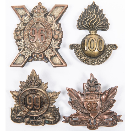 180 - 4 WWI CEF Infantry badges: 96th with tangs by Dingwall; 97th by Lees/Ellis Bros; 99th, and 100th. GC... 