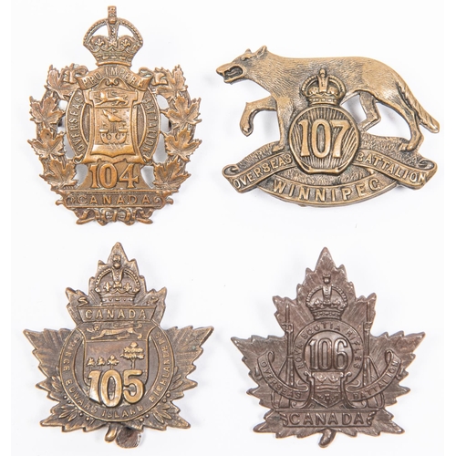 181 - 4 WWI CEF Infantry cap badges: 104th; 105th with slider; 106th; and 107th. GC £80-120