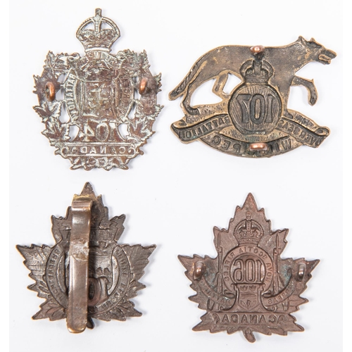 181 - 4 WWI CEF Infantry cap badges: 104th; 105th with slider; 106th; and 107th. GC £80-120