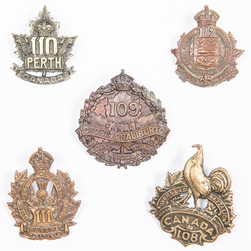 182 - 5 WWI CEF Infantry cap badges; 108th Dingwall; 109th by Kinnear; 110th, 111th; and 112th by 