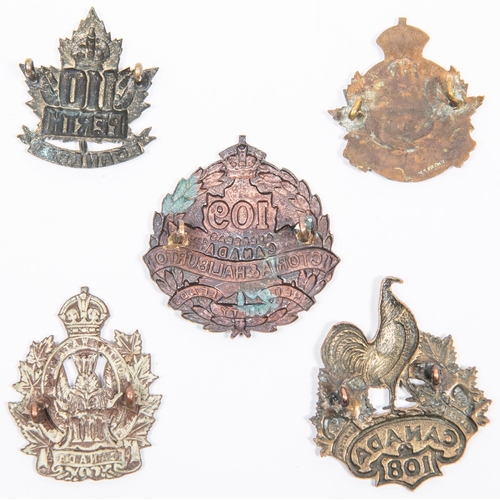 182 - 5 WWI CEF Infantry cap badges; 108th Dingwall; 109th by Kinnear; 110th, 111th; and 112th by 