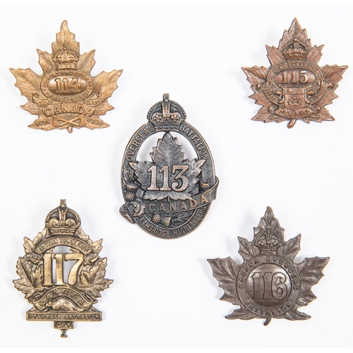 183 - 5 WWI CEF Infantry cap badges: 113th; 114th by Ellis & Co, 1916; 115th; 116th by Tiptaft; and 117th.... 