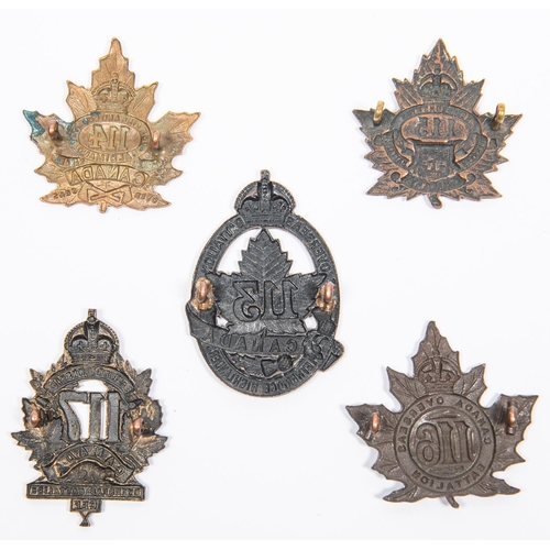 183 - 5 WWI CEF Infantry cap badges: 113th; 114th by Ellis & Co, 1916; 115th; 116th by Tiptaft; and 117th.... 