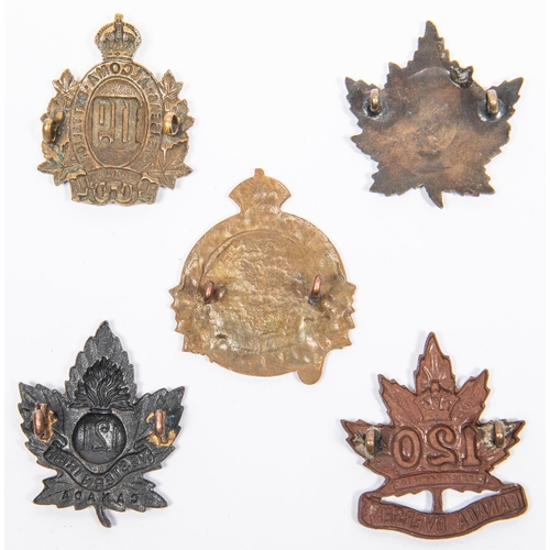 184 - 5 WWI CEF Infantry cap badges: 118th, crown above circular ribbon; 119th, 120th by Lees; 121st; and ... 