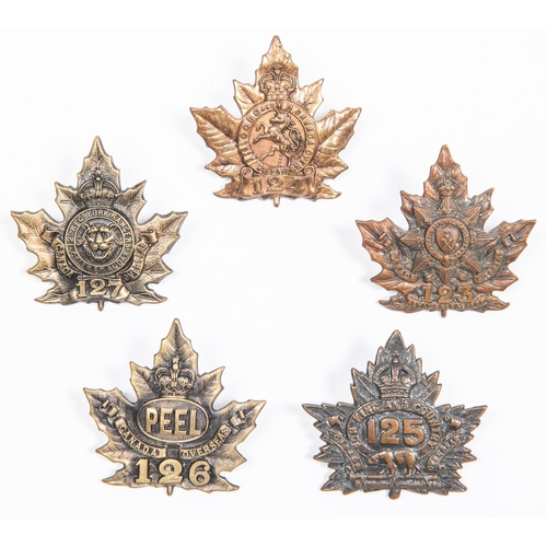 185 - 5 WWI CEF Infantry cap badges: 123rd; 124th by Ellis; 125th; 126th by Ellis; and 127th. GC to VGC £1... 