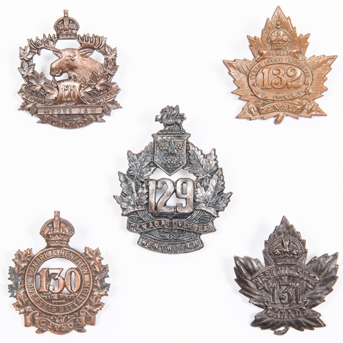 186 - 5 WWI CEF cap badges: 128th; 129th, 130th, 131st by Allan; and 132nd. GC to VGC £110-150