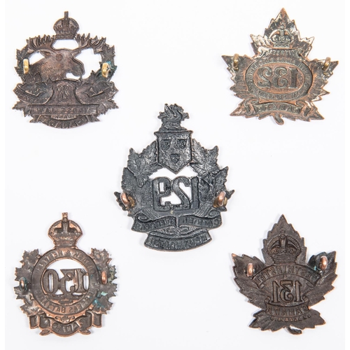 186 - 5 WWI CEF cap badges: 128th; 129th, 130th, 131st by Allan; and 132nd. GC to VGC £110-150