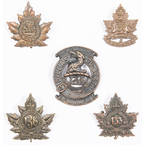 187 - 5 WWI CEF cap badges: 133rd; 134th; 135th by Ellis; 136th; and 137th. GC £150-180