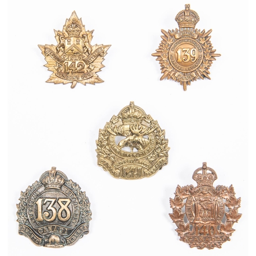 188 - 5 WWI CEF cap badges: 138th by Tiptaft; 139th; 140th; 141st; and 142nd. GC £110-150