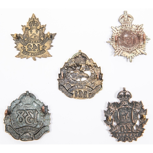 188 - 5 WWI CEF cap badges: 138th by Tiptaft; 139th; 140th; 141st; and 142nd. GC £110-150