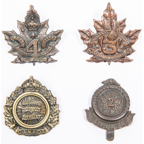 190 - 4 WWI CEF cap badges of the 1st, 2nd (slider), 3rd, and 4th Divisional Cyclist Companies, the last b... 