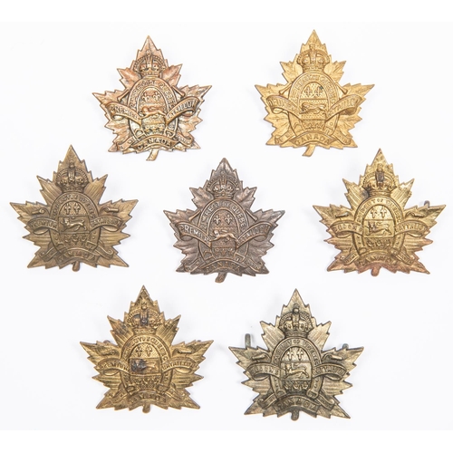 191 - 7 WWI CEF cap badges of the 1st and 2nd Depot Bns of the 1st and 2nd Quebec Regiments, 4 by Rondeau,... 