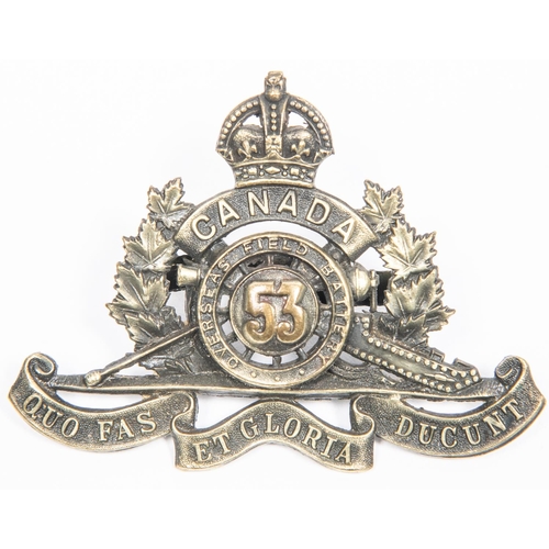 199 - WWI Canadian CEF 53rd Overseas Field Battery Canadian Field Artillery cap badge, with two tangs. GC ... 