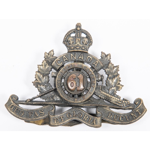 201 - WWI Canadian CEF 61st Overseas Battery Canadian Field Artillery cap badge, with three tangs, stamped... 