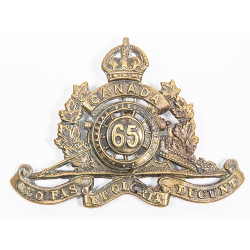 203 - WWI Canadian CEF 65th Overseas Field Battery Canadian Field Artillery cap badge, with one of three t... 