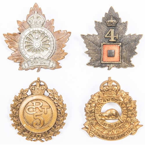 208 - 4 WWI CEF Canadian Railway Troops cap badges: 1st Bn, 3rd Bn. officers'; 4th Bn by Gaunt; and 5th Bn... 