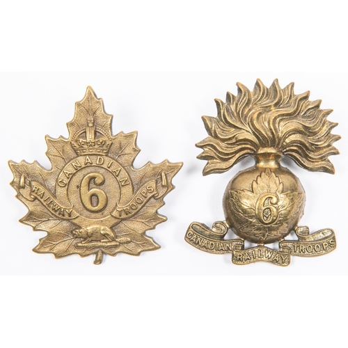 209 - 2 WWI CEF 6th Canadian Railway Troops cap badges: grenade pattern, and maple leaf pattern by Gaunt. ... 