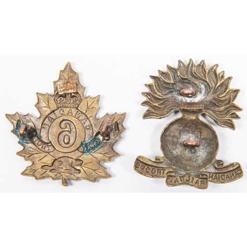 209 - 2 WWI CEF 6th Canadian Railway Troops cap badges: grenade pattern, and maple leaf pattern by Gaunt. ... 