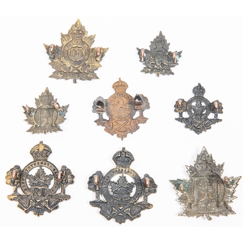 212 - 8 WWI CEF Canadian Forestry Cap badges: General Service tree and axe type cap badges, large and smal... 