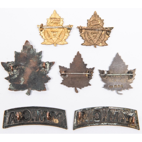 214 - 5 WWI Canadian Y.M.C.A. badges: bronze and enamel cap badges; a similar collar badge with pin fittin... 