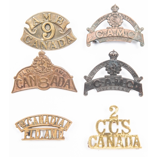 234 - 6 WWI CEF metal shoulder titles: 1st Canadian Field Ambulance; 8th Canadian Field Ambulance; 9th Fie... 