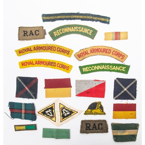 255 - Selection of WWII British cloth insignia, titles etc, Royal Armoured Corps, Reconnaissance Regt, tar... 