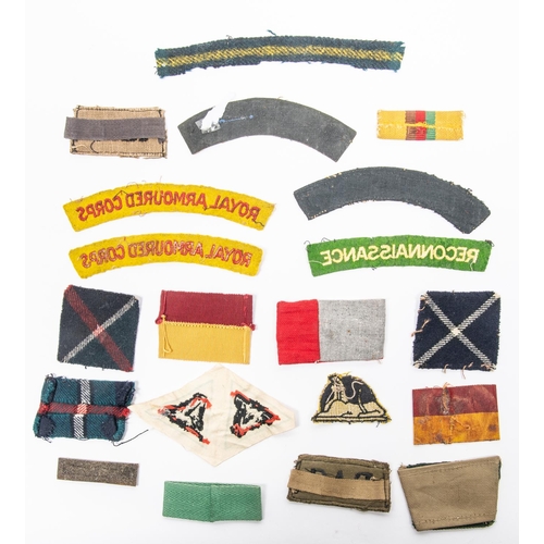 255 - Selection of WWII British cloth insignia, titles etc, Royal Armoured Corps, Reconnaissance Regt, tar... 