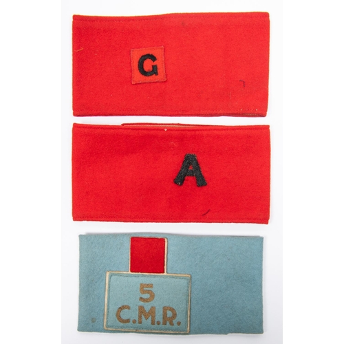 276 - 3 WWI military armbands, red felt with applied A, red felt with G patch, light blue with 5 CMR. (3) ... 